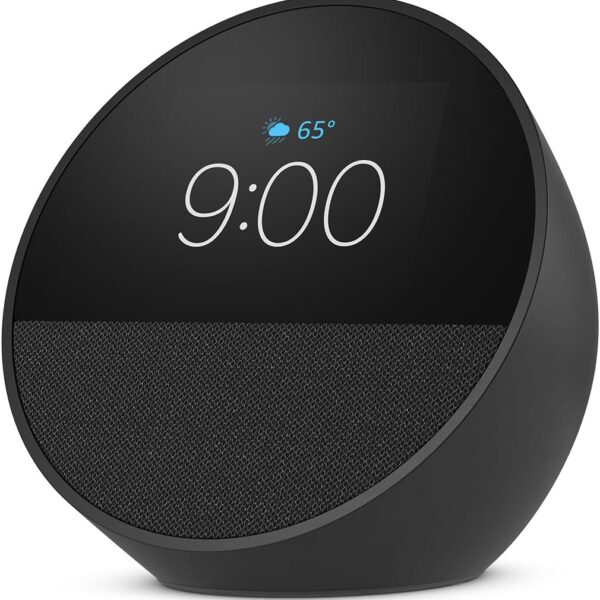 Amazon Echo Spot (modelo más reciente), ideal para mesitas de noche, oficinas y cocinas, reloj despertador inteligente, compatible con Alexa+, color negro