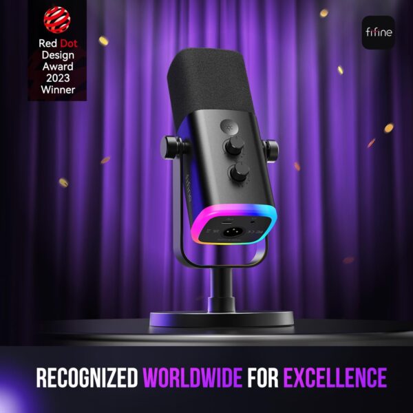 FIFINE – Micrófono dinámico XLR/USB para podcasts y transmisión de juegos, con luz RGB, botón de silencio, conector para auriculares y soporte de escritorio, ideal para cantar