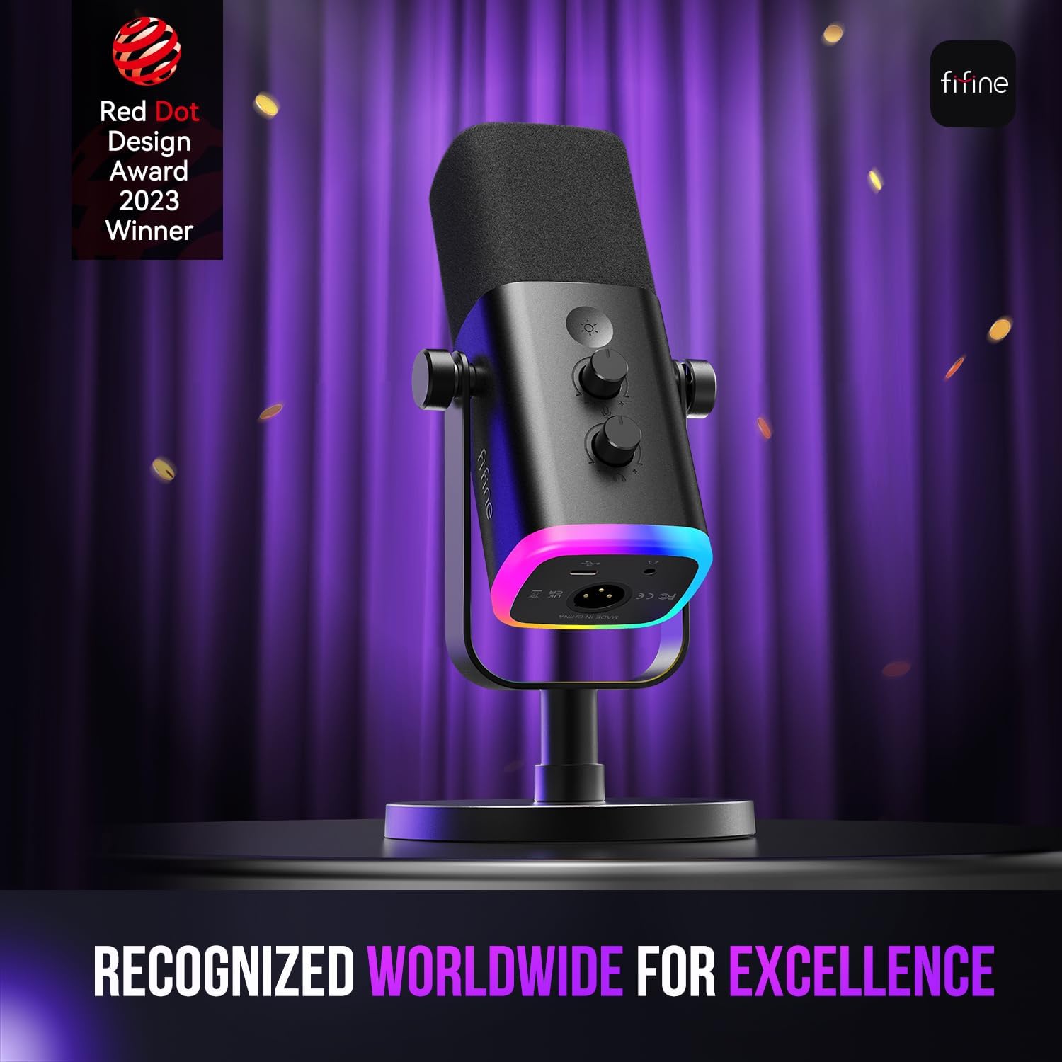 FIFINE - Micrófono dinámico XLR/USB para podcasts y transmisión de juegos, con luz RGB, botón de silencio, conector para auriculares y soporte de escritorio, ideal para cantar - Imagen 2