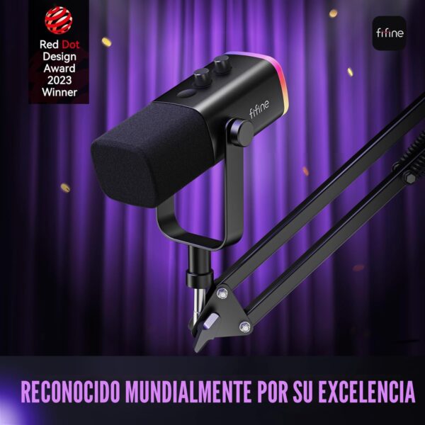 FIFINE – Kit de micrófono dinámico XLR/USB para juegos, transmisión y podcasting en PC, con soporte de brazo articulado y iluminación RGB para computadora