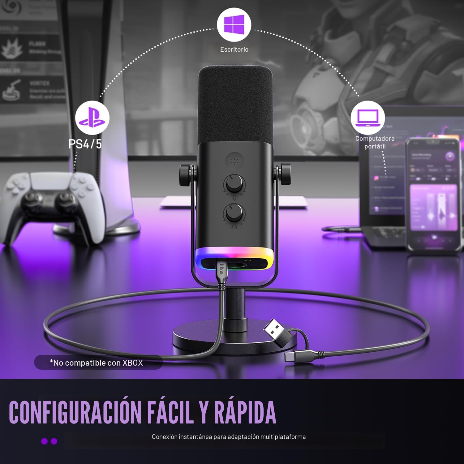 FIFINE - Micrófono dinámico XLR/USB para podcasts y transmisión de juegos, con luz RGB, botón de silencio, conector para auriculares y soporte de escritorio, ideal para cantar - Imagen 7