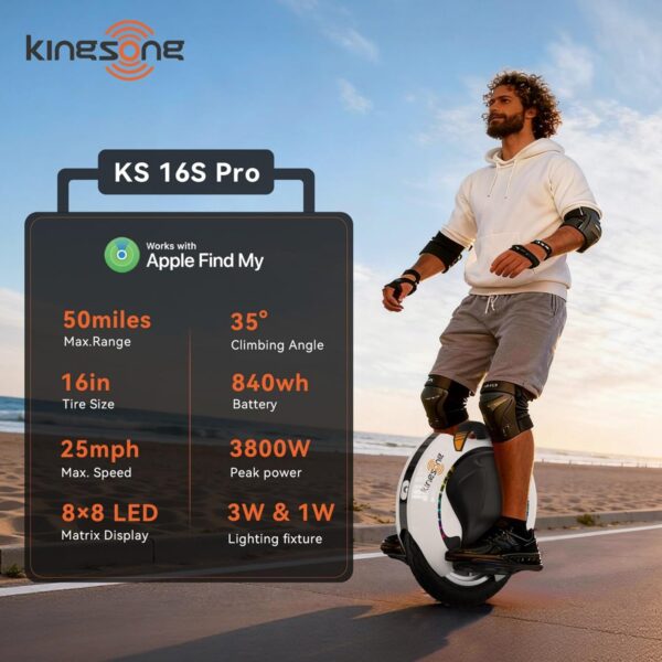 KINGSONG 16SPRO monociclo eléctrico de autoequilibrio para adultos, velocidad máxima de 40km/h, capacidad de ascenso de 35°, scooter inteligente con una rueda (negro)