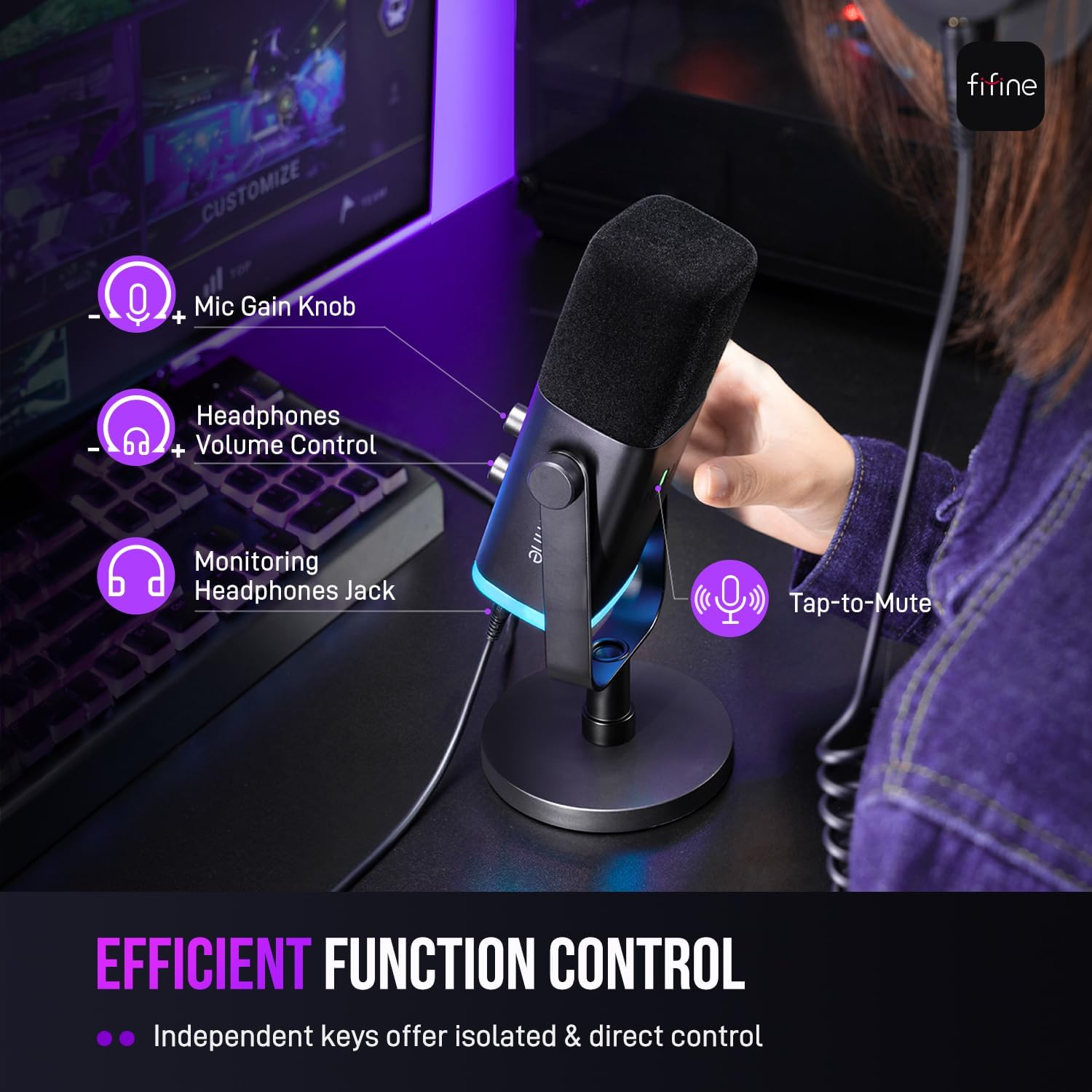 FIFINE - Micrófono dinámico XLR/USB para podcasts y transmisión de juegos, con luz RGB, botón de silencio, conector para auriculares y soporte de escritorio, ideal para cantar - Imagen 8