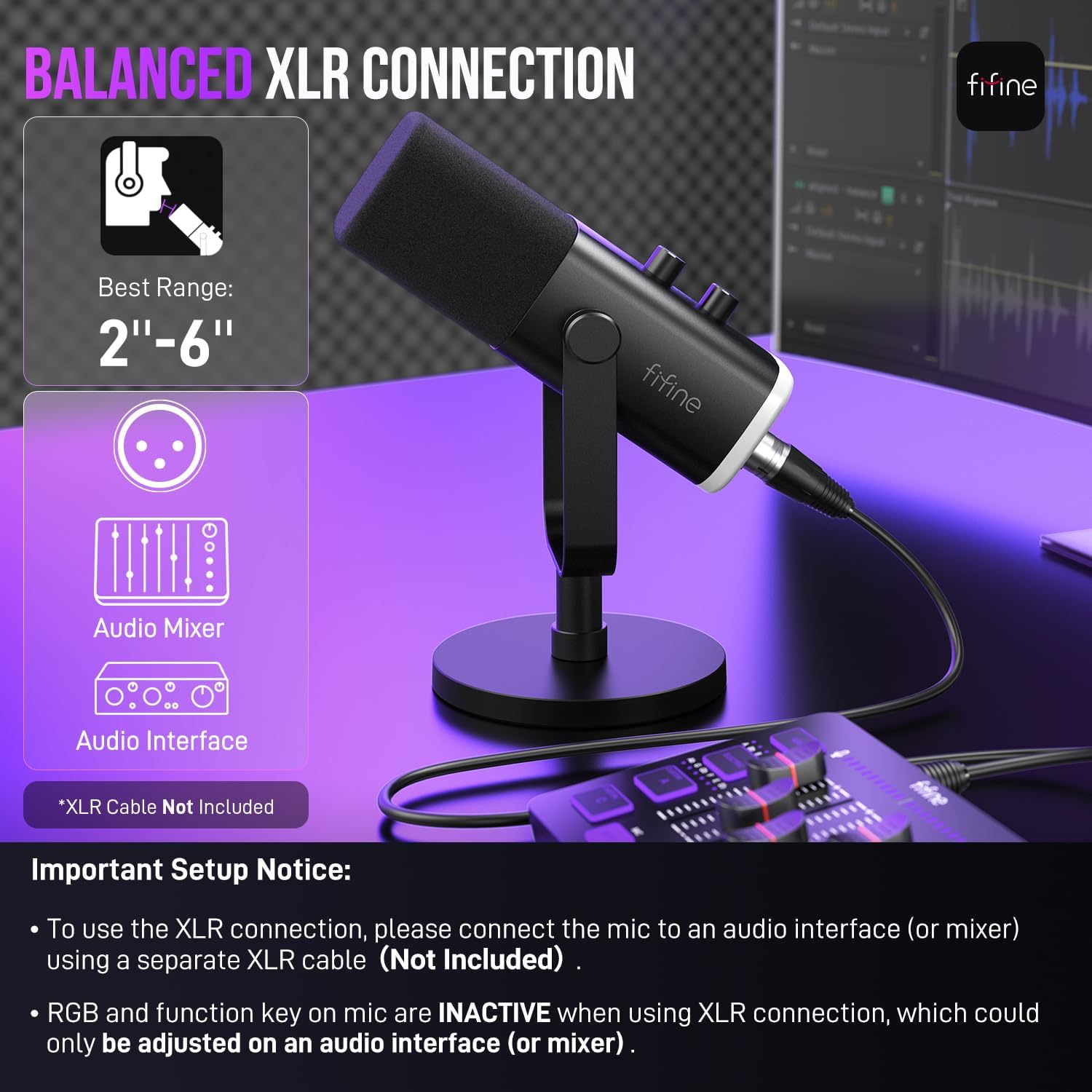 FIFINE - Micrófono dinámico XLR/USB para podcasts y transmisión de juegos, con luz RGB, botón de silencio, conector para auriculares y soporte de escritorio, ideal para cantar - Imagen 6
