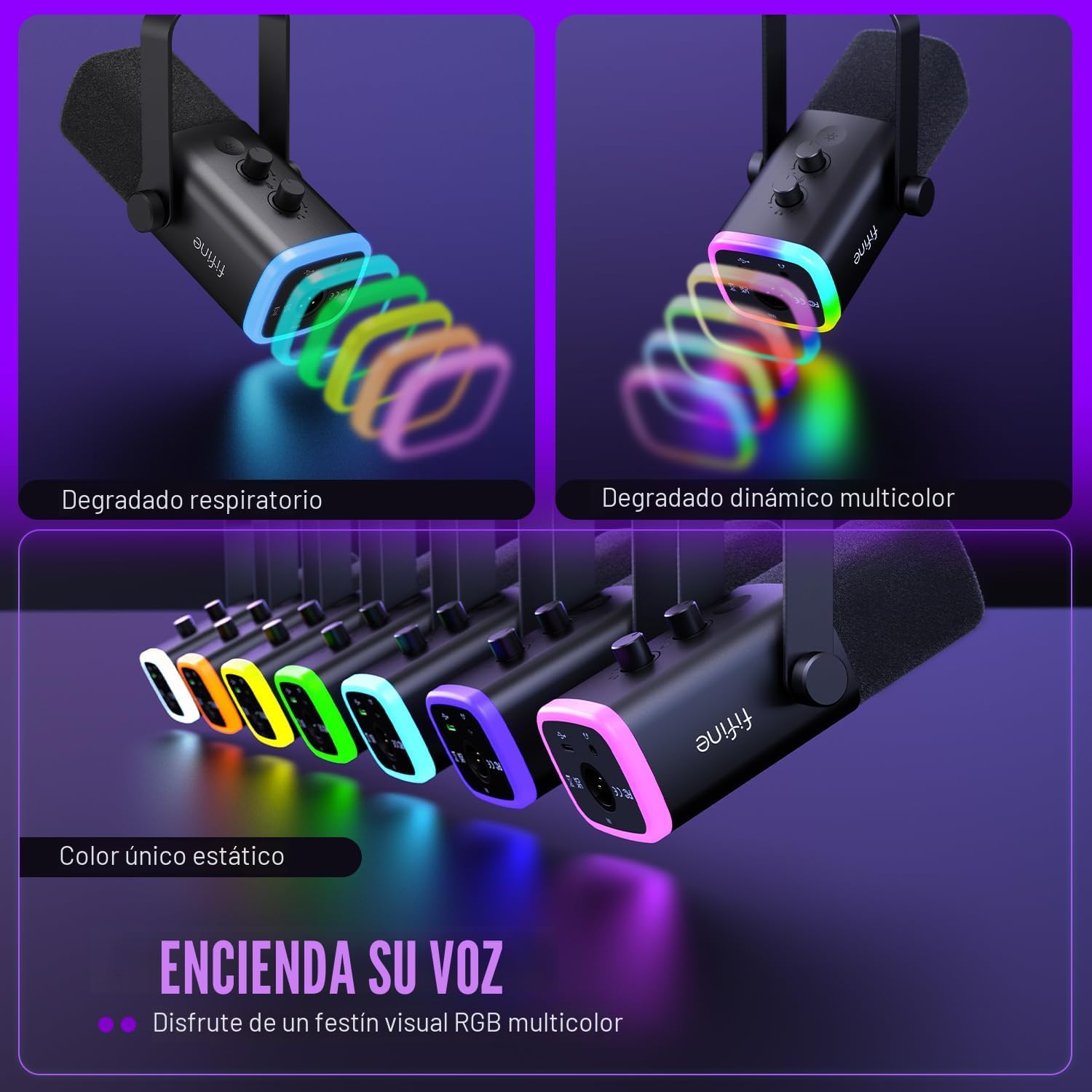 FIFINE - Micrófono dinámico XLR/USB para podcasts y transmisión de juegos, con luz RGB, botón de silencio, conector para auriculares y soporte de escritorio, ideal para cantar - Imagen 5