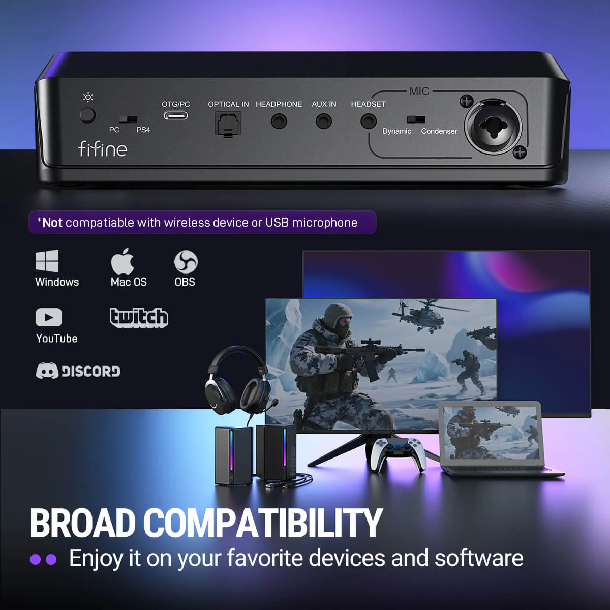 Mezclador de audio para juegos FIFINE AmpliGame SC8 con iluminación RGB - Imagen 5