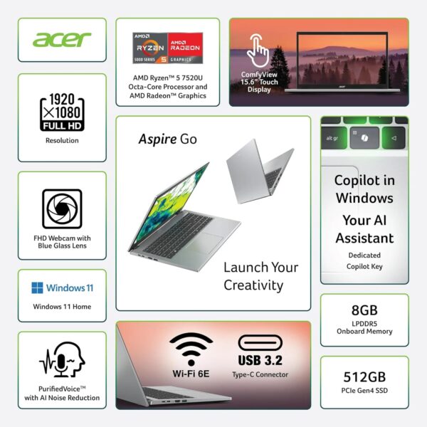 Portátil Acer Aspire Go con pantalla táctil IPS Full HD de 15.6 pulgadas, procesador AMD Ryzen 5-7520U, 8 GB de RAM, SSD de 512 GB, color plata puro, Wi-Fi, Bluetooth, Copilot…