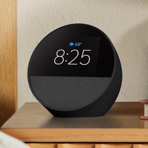 Amazon Echo Spot (modelo más reciente), ideal para mesitas de noche, oficinas y cocinas, reloj despertador inteligente, compatible con Alexa+, color negro