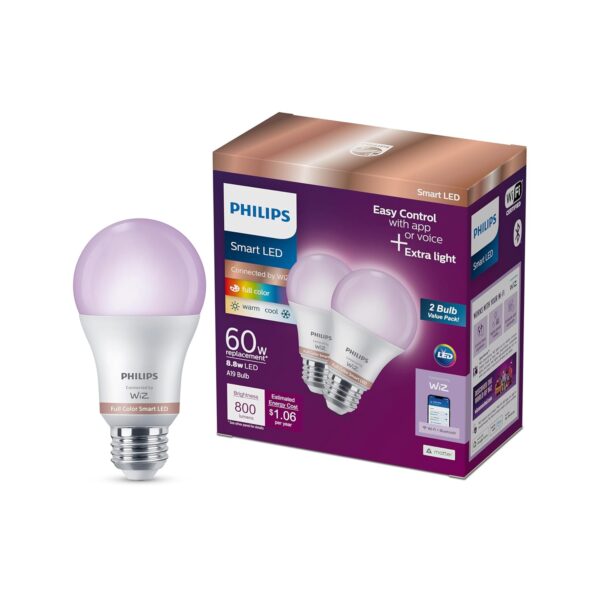 Bombillas Philips Smart Lighting conectadas, paquete de 2, color A19 de 60W y 800 lúmenes, base E26 para interiores, luces LED inteligentes con detección de movimiento, control...
