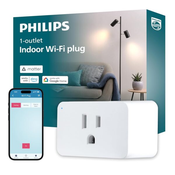 Enchufe inteligente Philips Indoor Matter, WiFi, compatible con Apple HomeKit, Alexa, Google Home y SmartThings (unidad única)