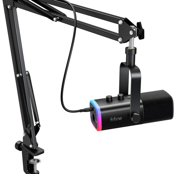 FIFINE - Kit de micrófono dinámico XLR/USB para juegos, transmisión y podcasting en PC, con soporte de brazo articulado y iluminación RGB para computadora