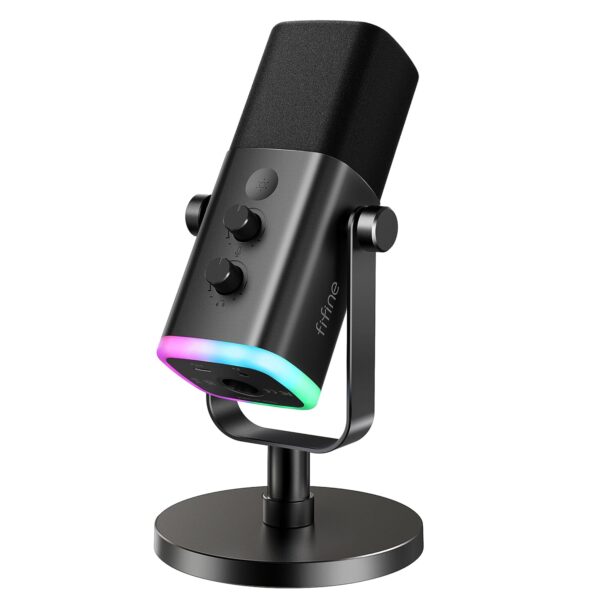 FIFINE - Micrófono dinámico XLR/USB para podcasts y transmisión de juegos, con luz RGB, botón de silencio, conector para auriculares y soporte de escritorio, ideal para cantar