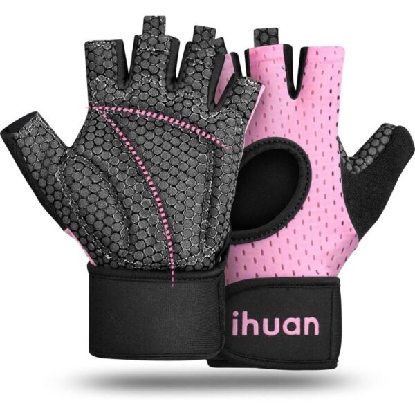 Guantes de levantamiento de pesas transpirables ihuan: guantes de gimnasio sin dedos con soporte para la muñeca | Mejora la protección de la palma | Agarre extra para fitness,...