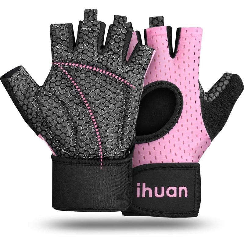 Guantes de levantamiento de pesas transpirables ihuan: guantes de gimnasio sin dedos con soporte para la muñeca | Mejora la protección de la palma | Agarre extra para fitness,...