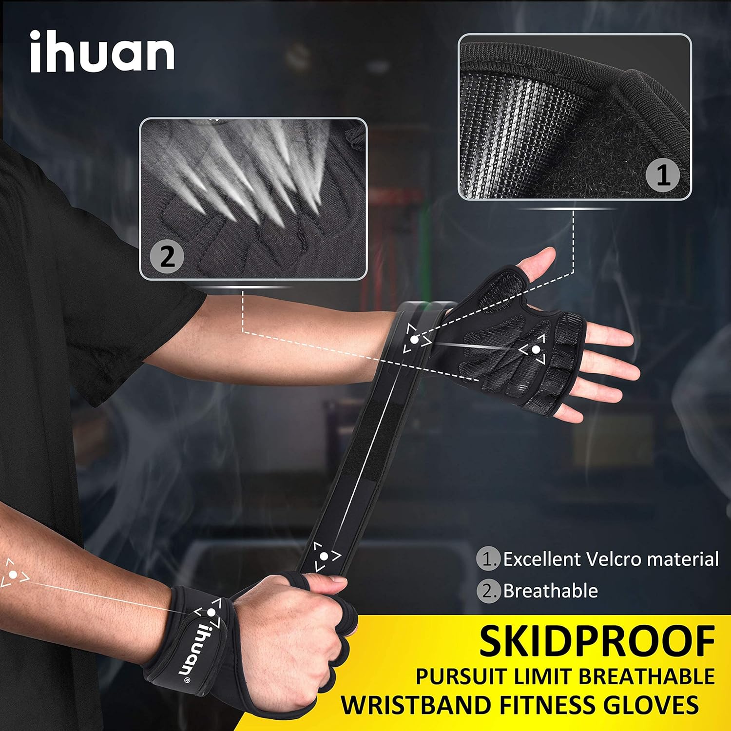 Guantes Gym iHuan Navy Black Antideslizantes con Wrist Wrap para Pesas, Crossfit y Pull Ups - Imagen 7