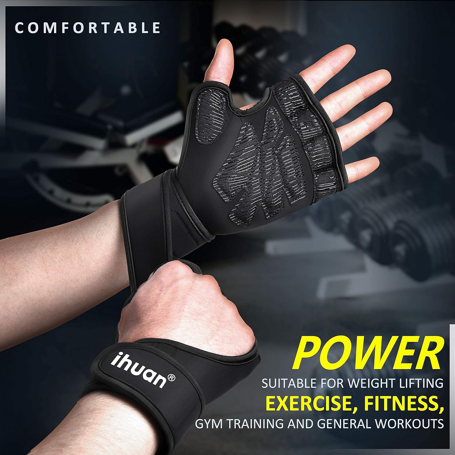 Guantes Gym iHuan Navy Black Antideslizantes con Wrist Wrap para Pesas, Crossfit y Pull Ups - Imagen 6
